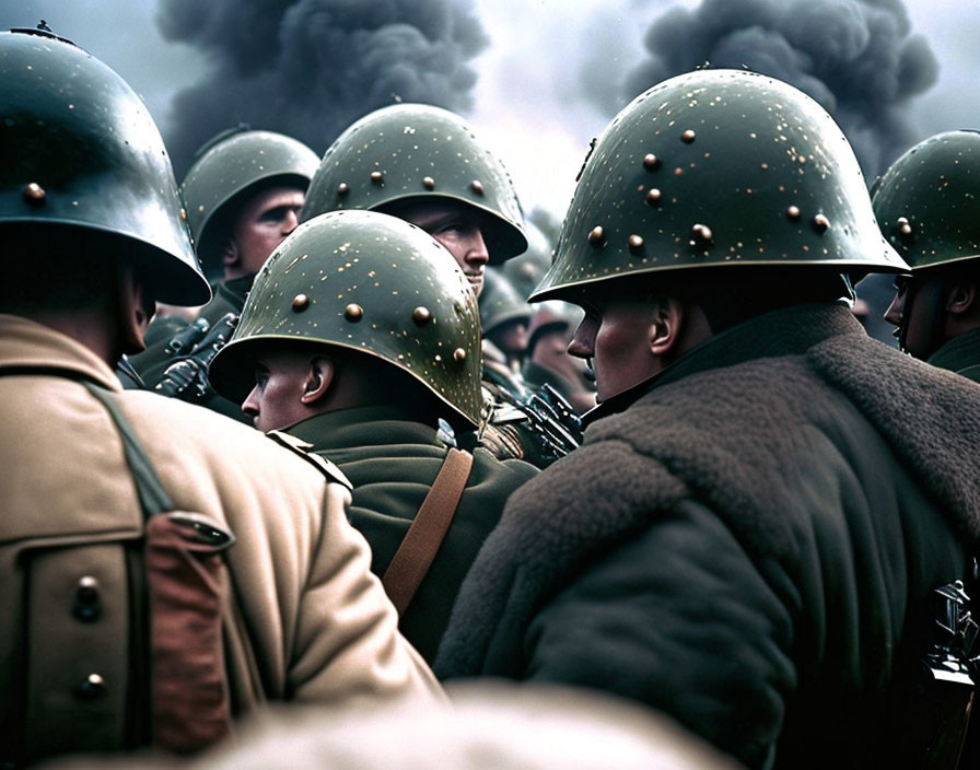 Soldiers in steel helmets gather with smoke in background.