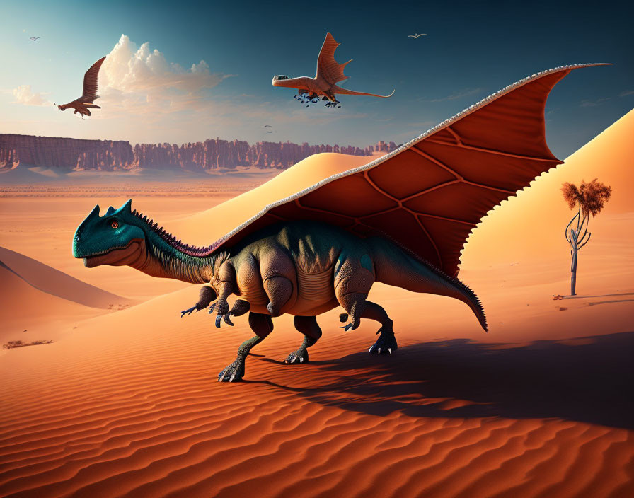 Winged dinosaur in desert with flying creatures