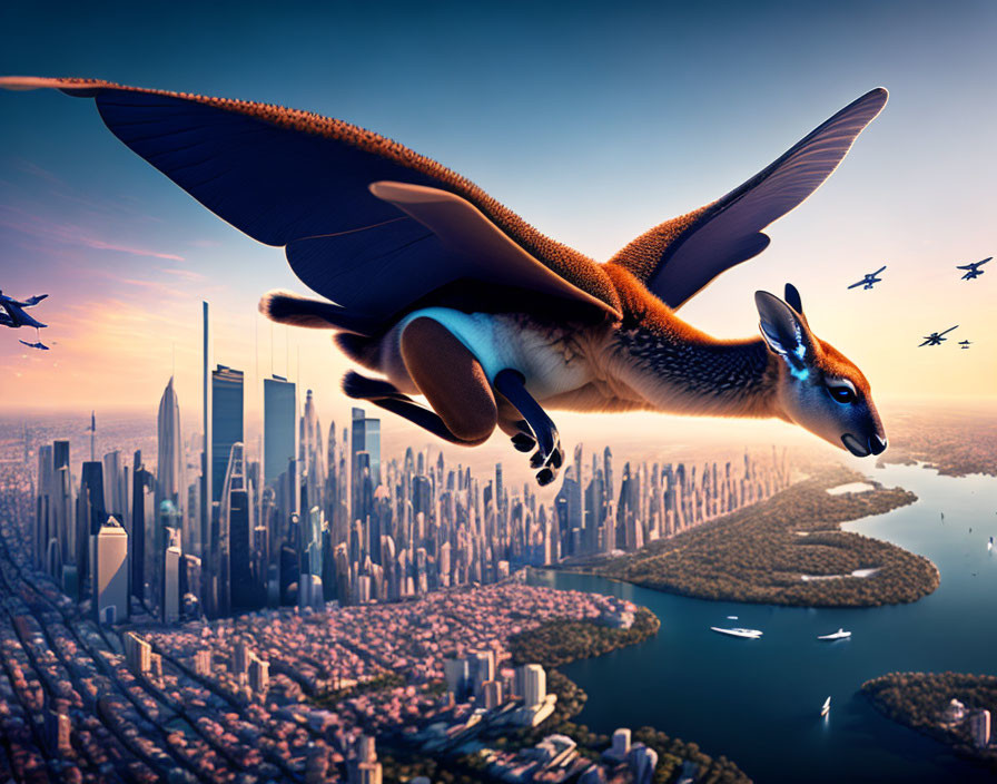 Flying squirrel-like creature over futuristic cityscape at sunset