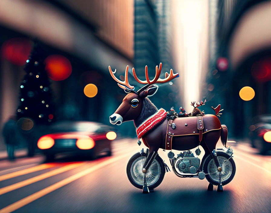 Festive reindeer on motorbike in urban setting at night