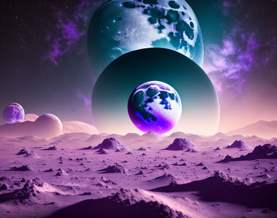 Surreal space landscape with pink skies and celestial bodies.