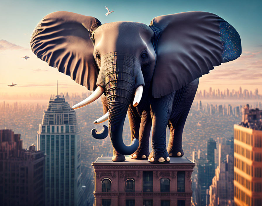 Gigantic elephant balances on skyscraper in surreal cityscape at sunset