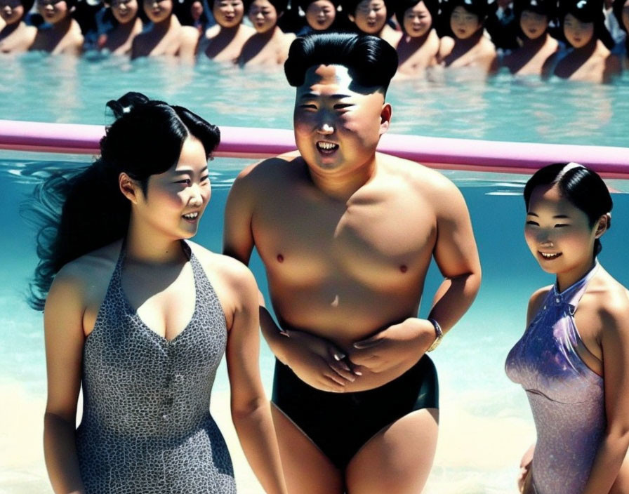 Group of people smiling in pool with man and two women