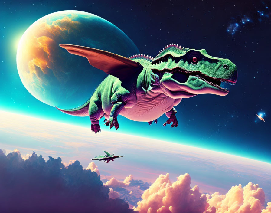 Flying dinosaur with wings in a vibrant sky with giant planet & spaceships