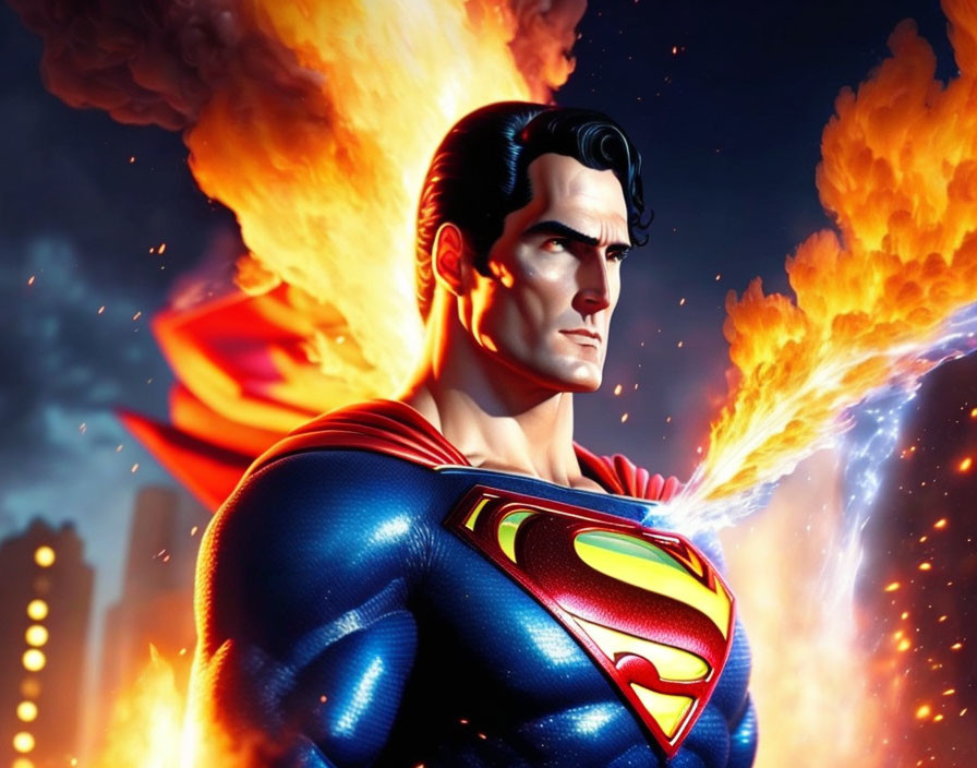 Superman illustration with fiery explosion backdrop and iconic costume