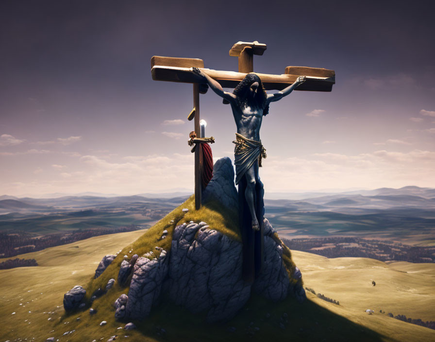 Religious artwork: Jesus on cross with dramatic landscape