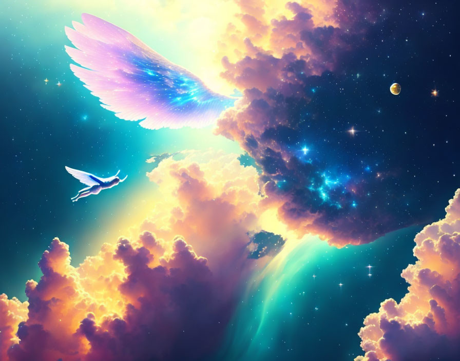 Vibrant dreamlike image: Winged creature soars above cosmic sky