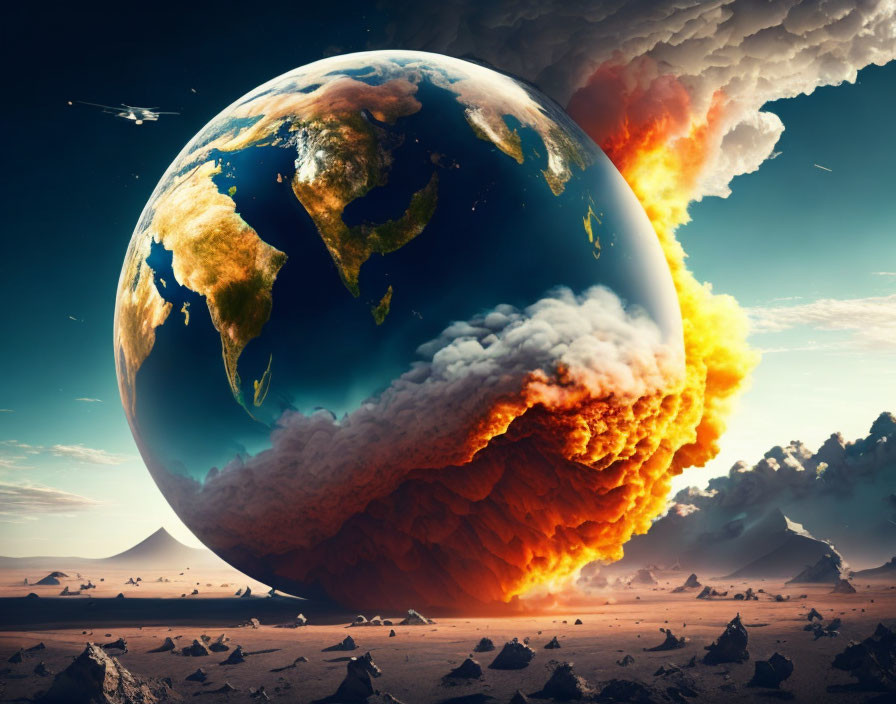 Surreal image of burning Earth-like globe with spaceship and desert landscape