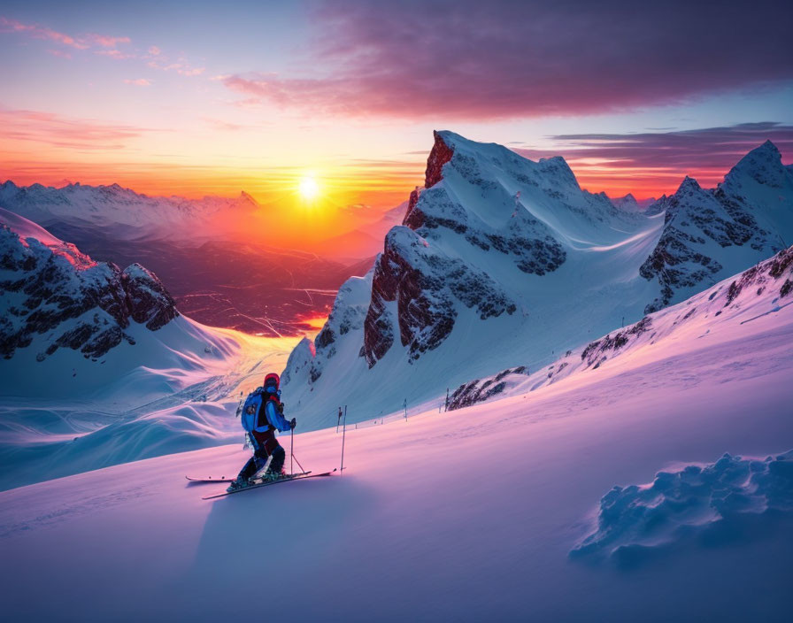 Skier ascending snowy mountain at sunset with pink and orange skies