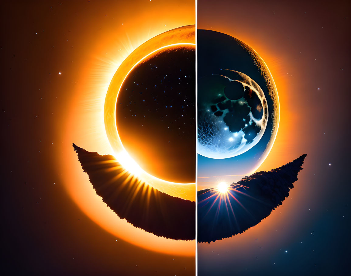 Diagonal split digital artwork: solar eclipse & sunrise over planet surface