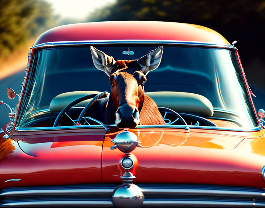 Brown and white cow head in sunroof of red vintage car on scenic drive