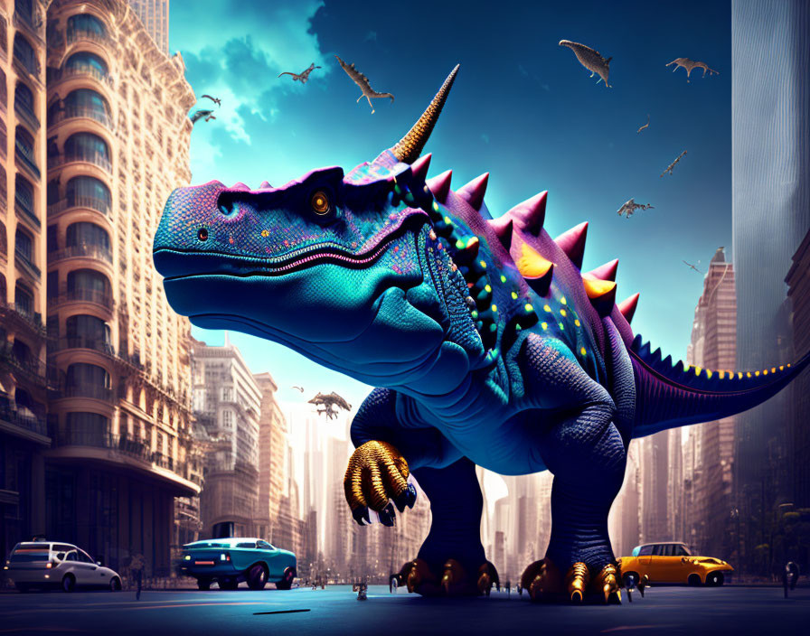 Colorful large dinosaur in modern city street with birds and cars.