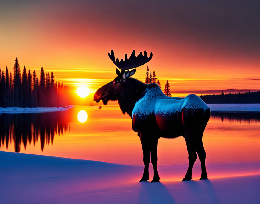 Majestic moose by tranquil snow-covered lake at sunset