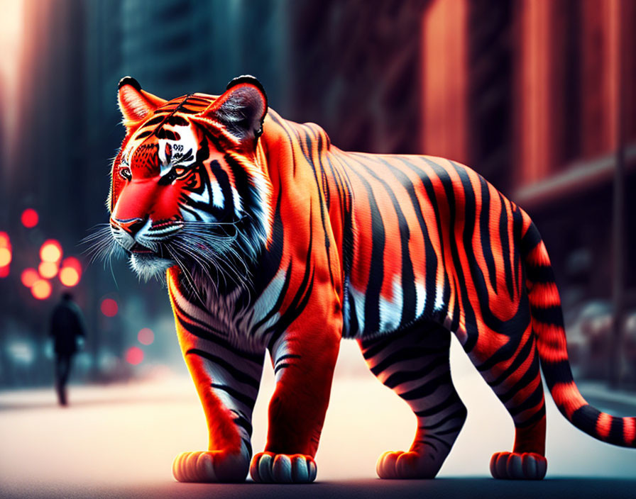 Glowing tiger with stripes in urban street at twilight