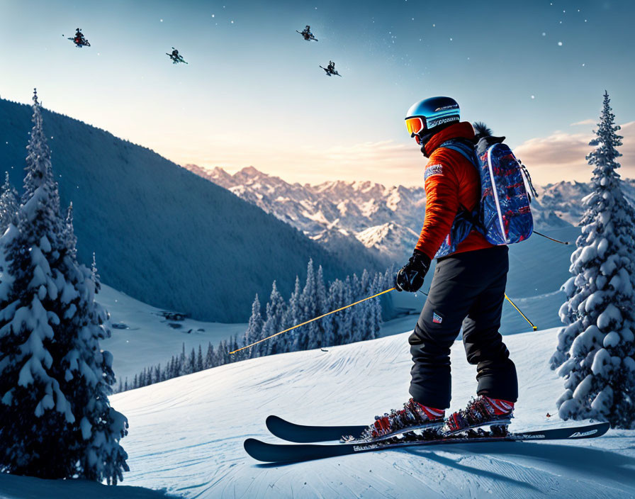 Skier on Snowy Slope with Drones and Mountains