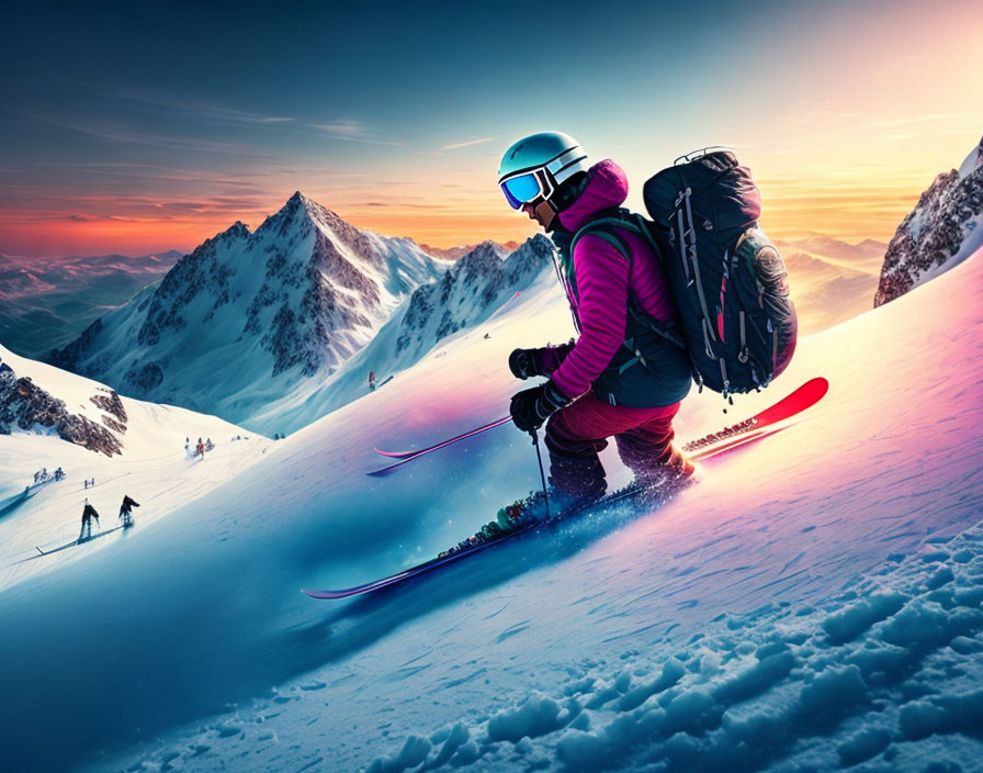 Skier skiing snowy slope at sunset with mountain peaks and other skiers