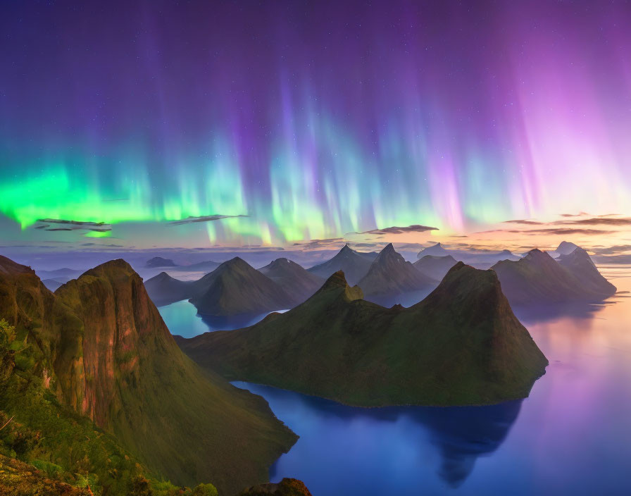 Northern Lights illuminate mountain range and lake at twilight