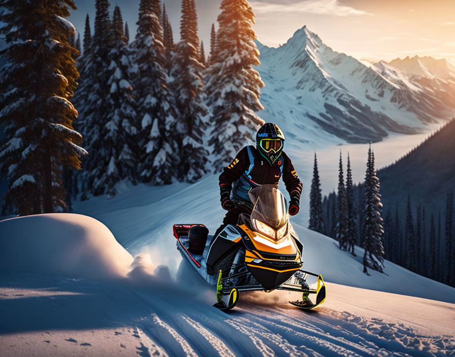 Snowmobile rider speeding through snowy forest with mountain backdrop