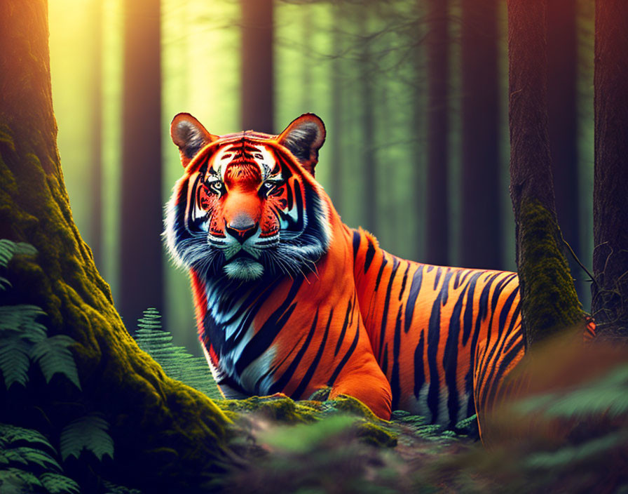 Majestic tiger in sunlight amidst lush forest landscape