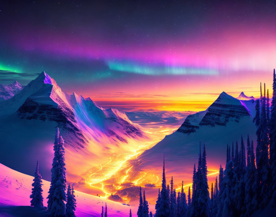 Spectacular Aurora Borealis over Snowy Mountains