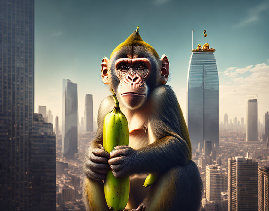 Digitally altered monkey with bananas in cityscape with skyscrapers.