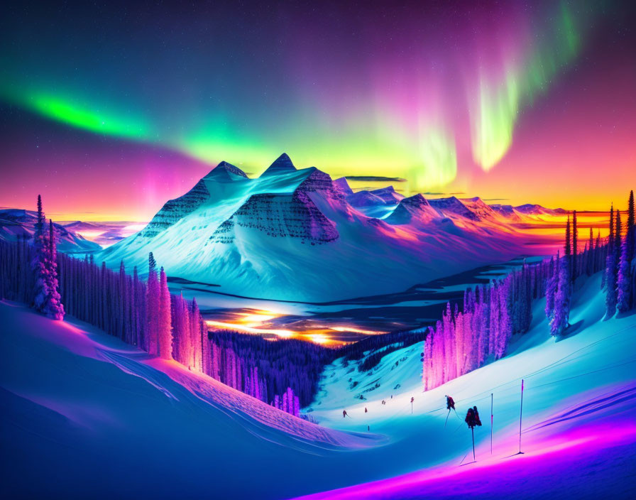 Colorful aurora borealis over snowy mountain and frozen lake