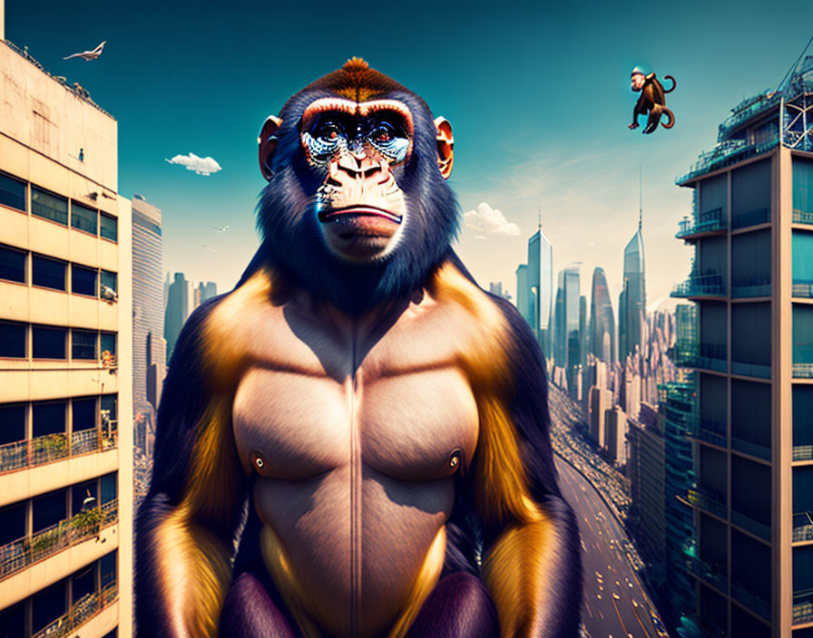 Muscular monkey overlooking cityscape with birds and construction