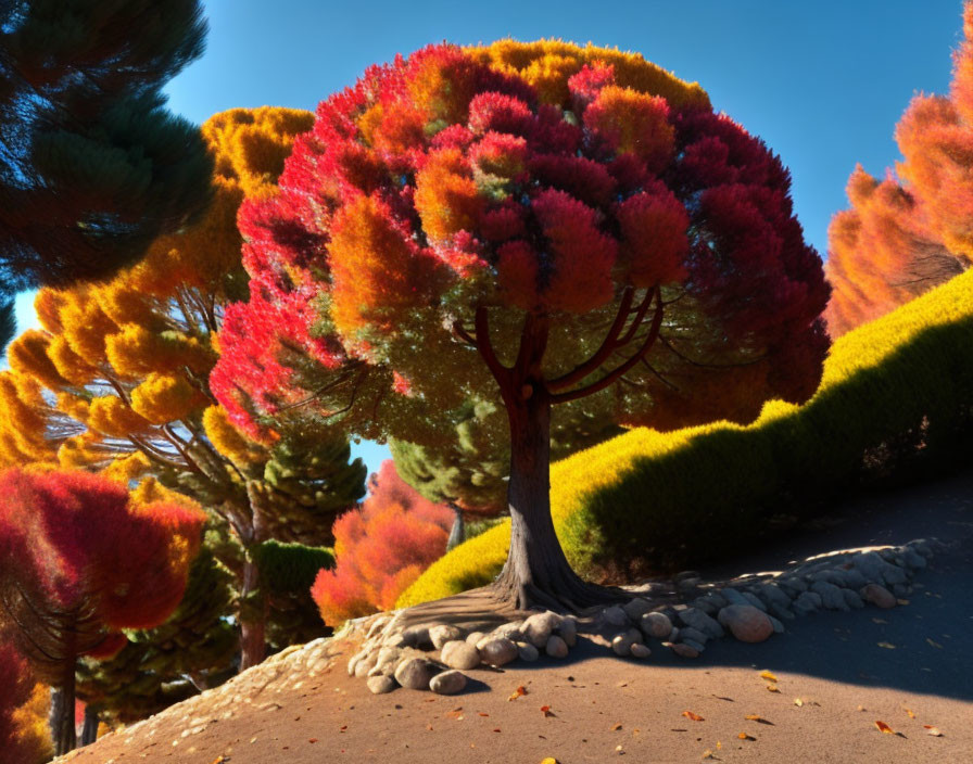 Colorful Rainbow Tree with Thick Trunk and Fluffy Foliage