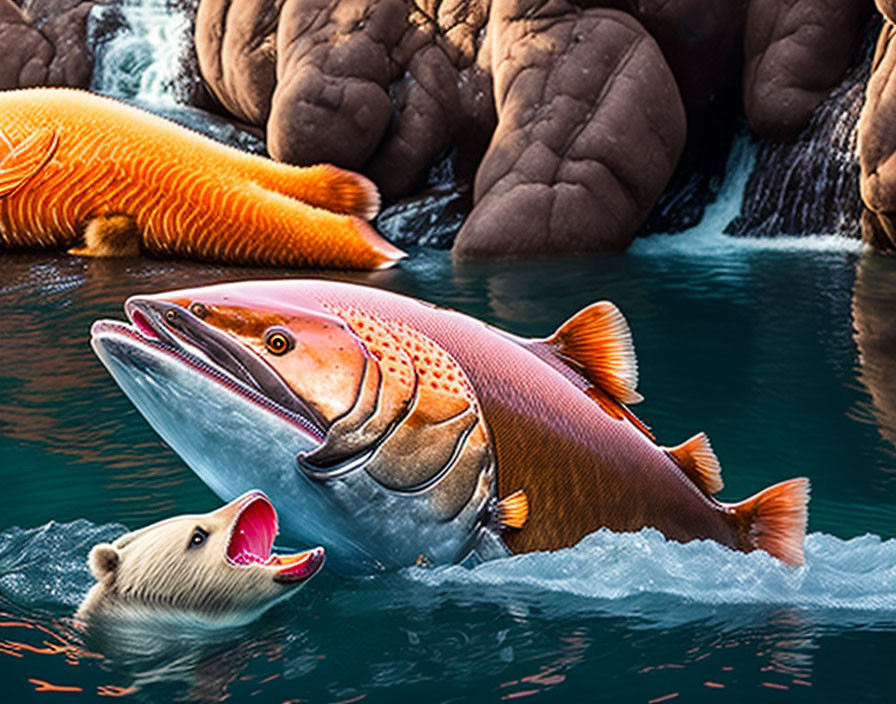 Polar Bear Cub and Giant Salmon Interaction in Rocky Waters