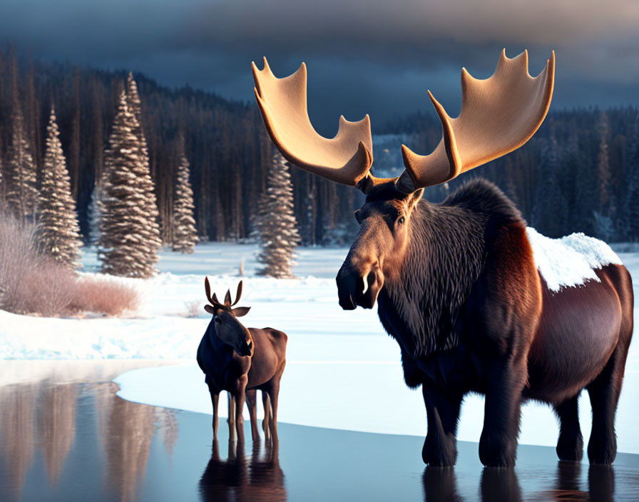 Moose near frozen river in snowy forest at twilight