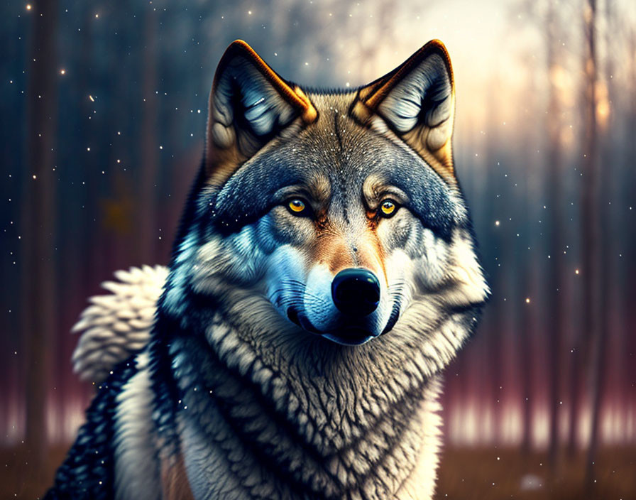 Detailed digital artwork: Wolf with intense eyes in forest setting.