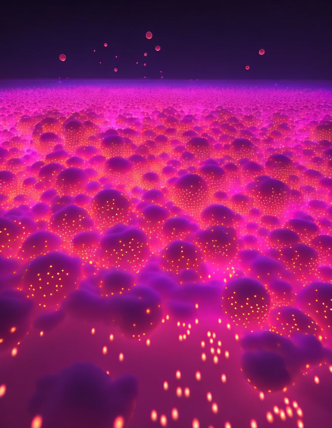 Pink Bubble Field Under Purple Sky with Orbs and Sparkles