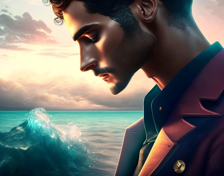 Profile Portrait of a Man with Stylized Features Against Ocean Sunset