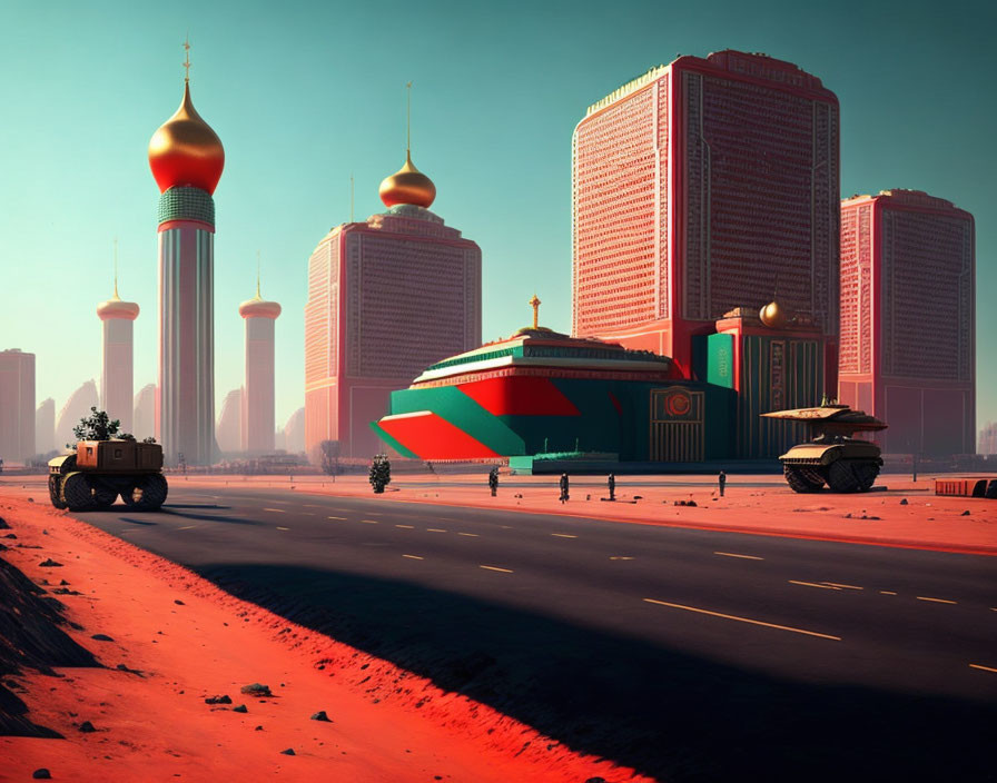 Futuristic cityscape with towering buildings and bulbous architecture on a deserted street