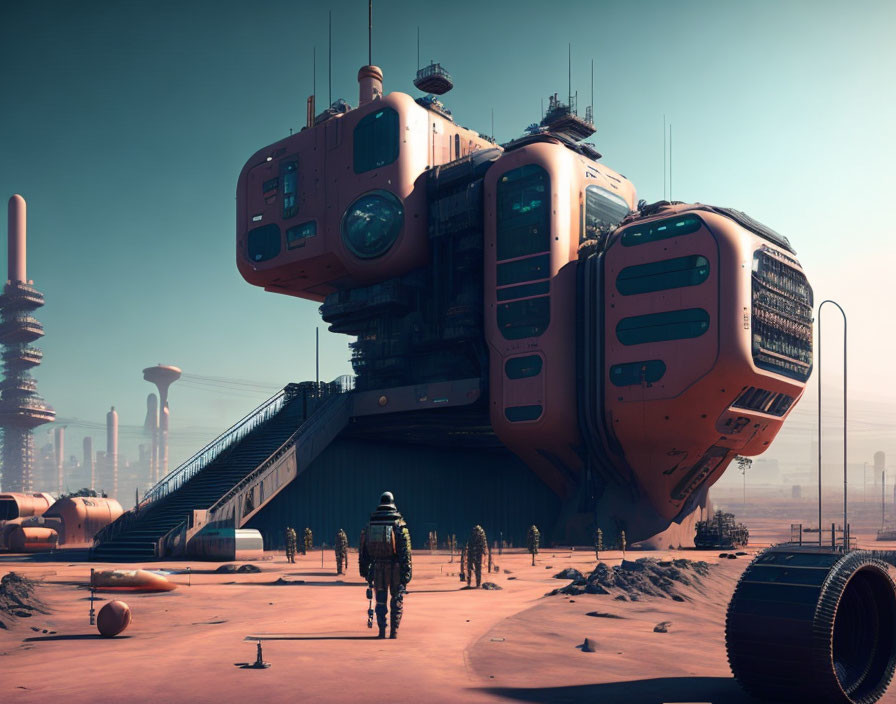 Futuristic vehicle with oversized tires in desert setting