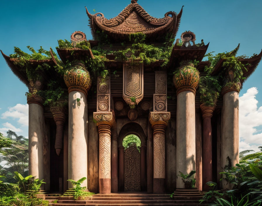 Ornate temple with intricate carvings and towering columns under clear blue sky