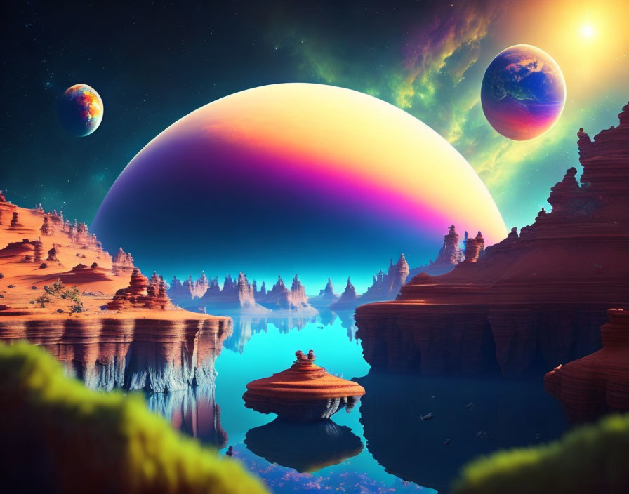 Sci-fi landscape with celestial bodies, water body, rocky terrain & starry sky