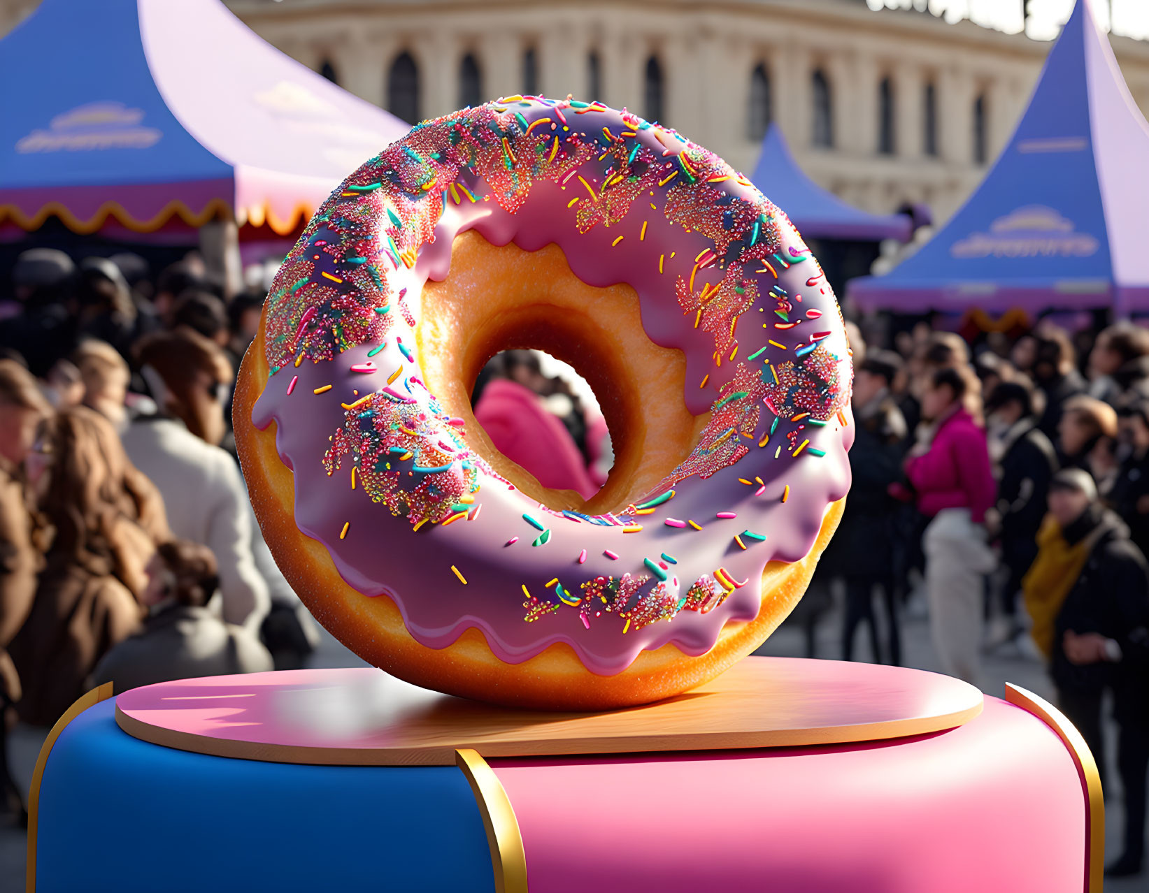 Large 3D Pink Frosted Donut with Sprinkles on Colorful Stand at Outdoor Event