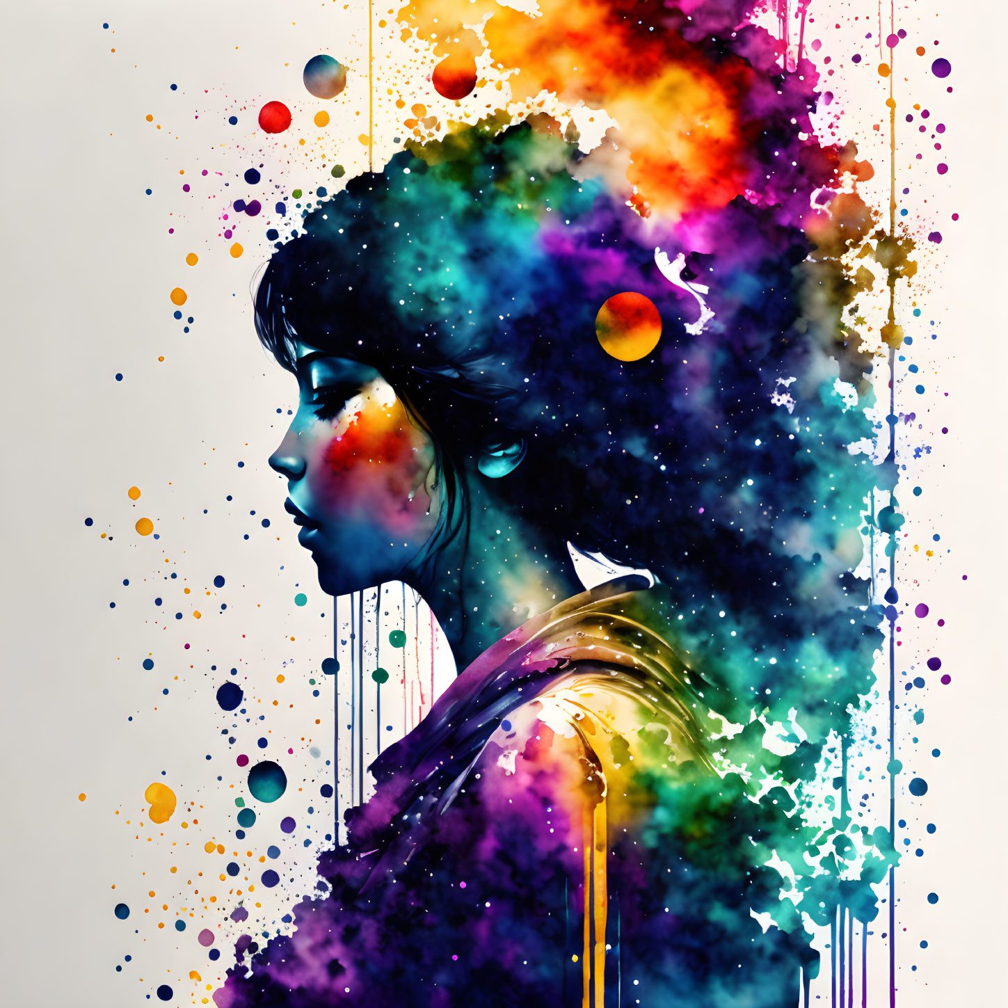 Colorful cosmic artwork: Woman's profile amid vibrant nebula splashes