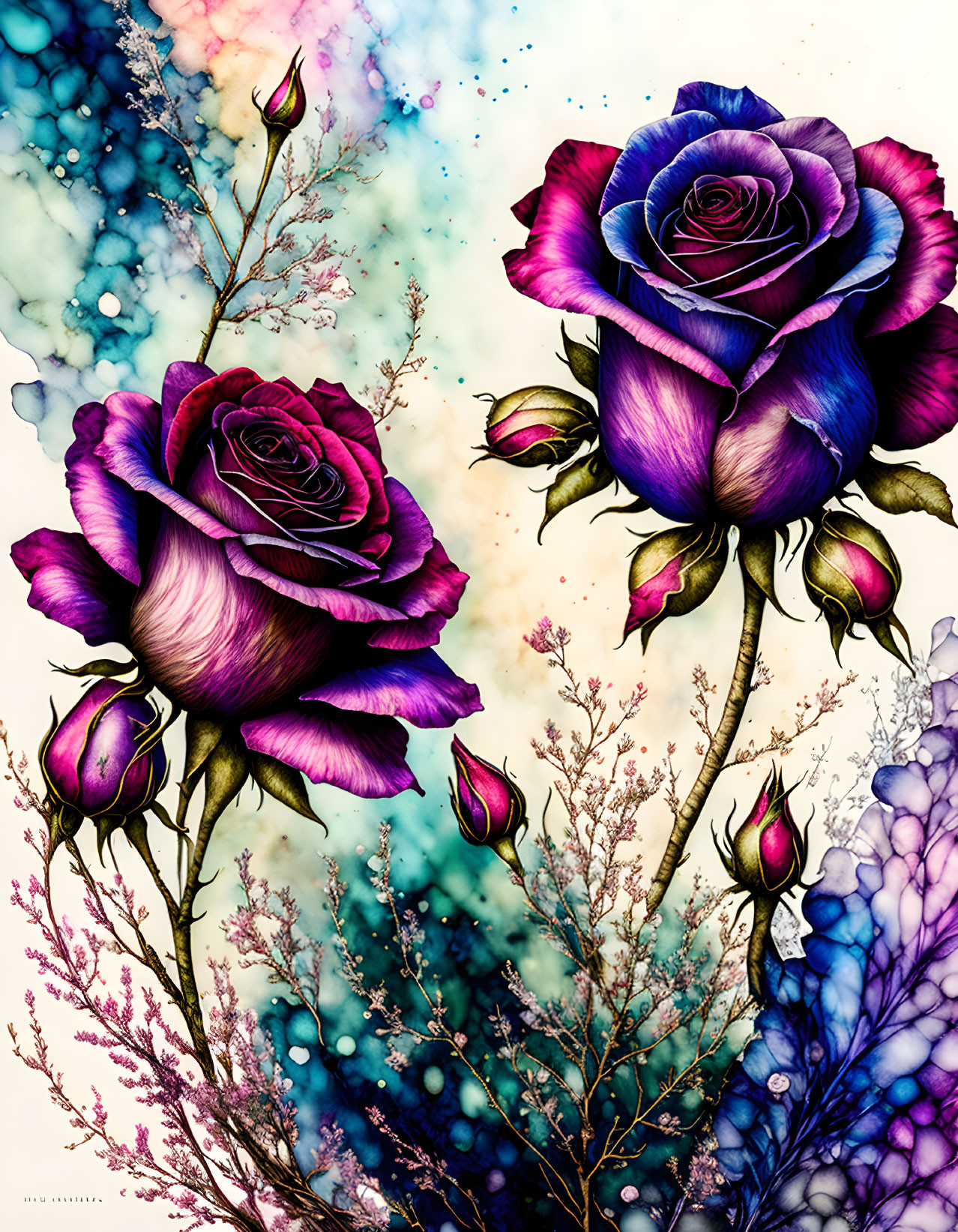 Large purple roses artwork with blooming buds and foliage on colorful background