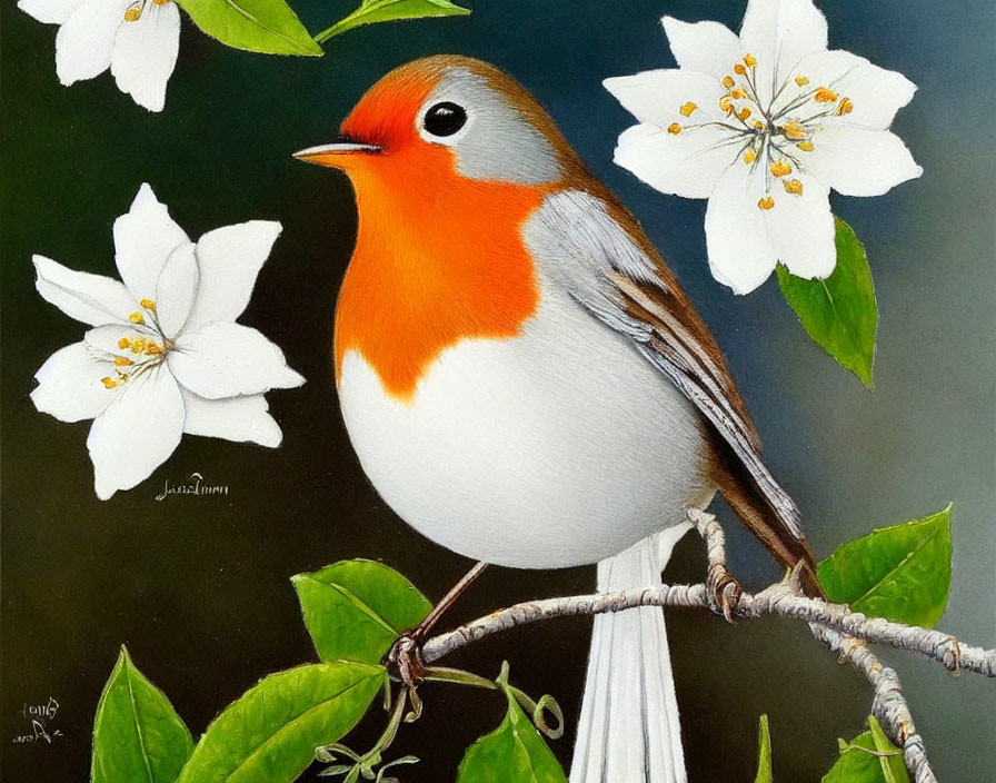 Colorful Robin on Blossoming Branch Against Dark Background