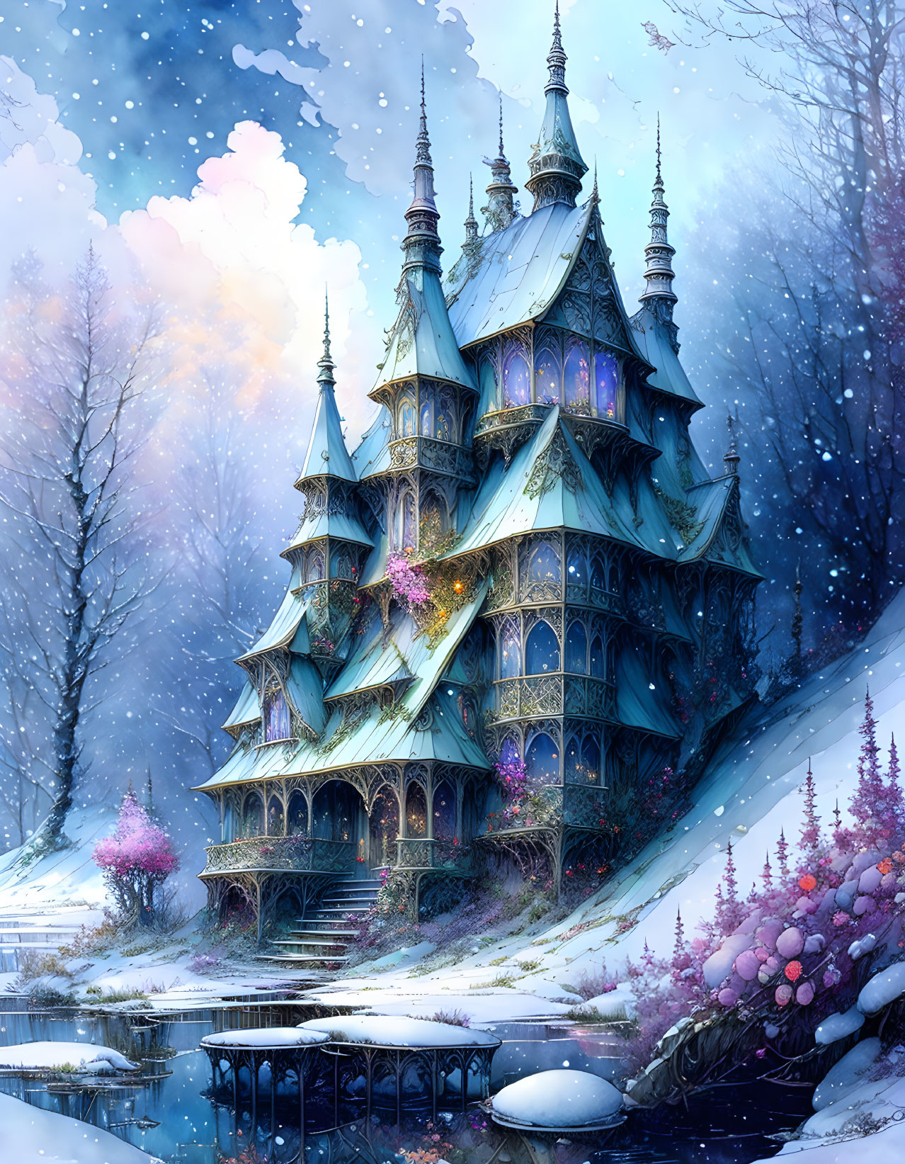 Fantasy castle in snowy landscape with pink flora and reflecting pond