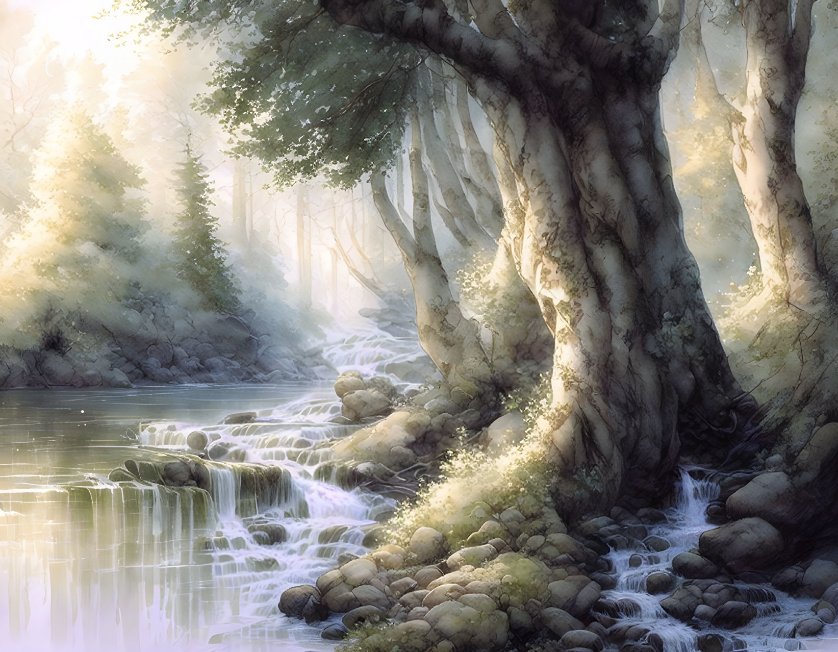 Tranquil forest scene with gentle stream and sunbeams