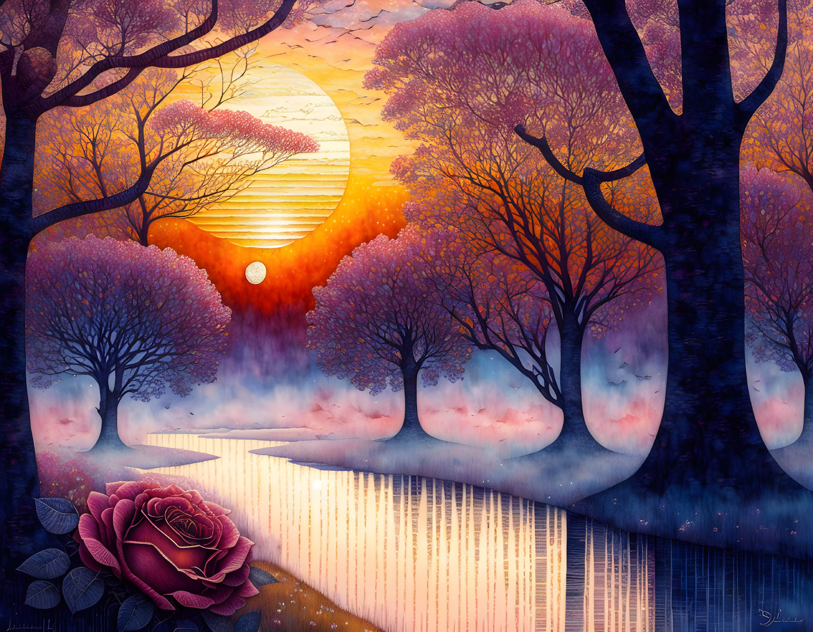 Mystical sunset illustration with purple and orange hues over tranquil river