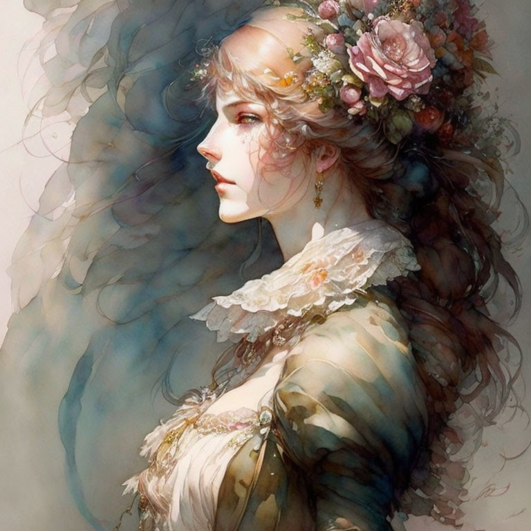 Illustrated portrait of a woman with floral hair, soft pastels & intricate lace details