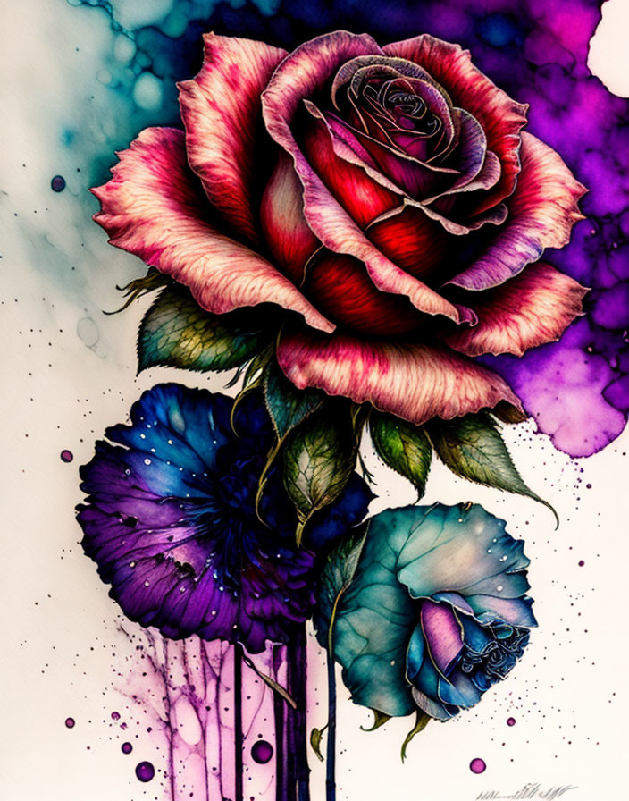 Detailed Red Rose Artwork with Blue Rosebud on Abstract Watercolor Background