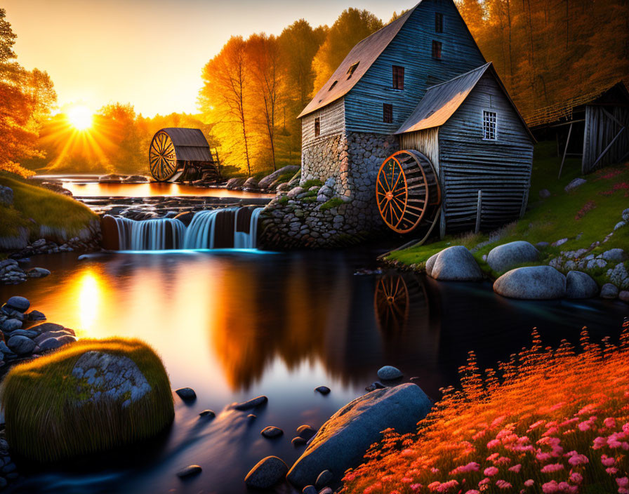 Rustic old mill with waterwheel at sunset by waterfall and river