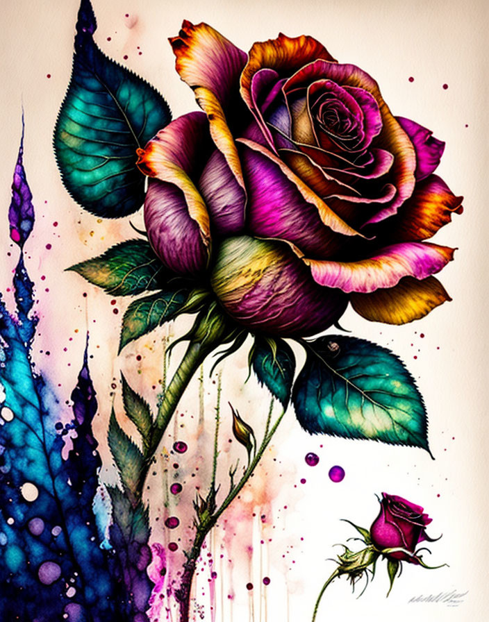 Colorful Watercolor Rose with Purple Hues and Butterfly