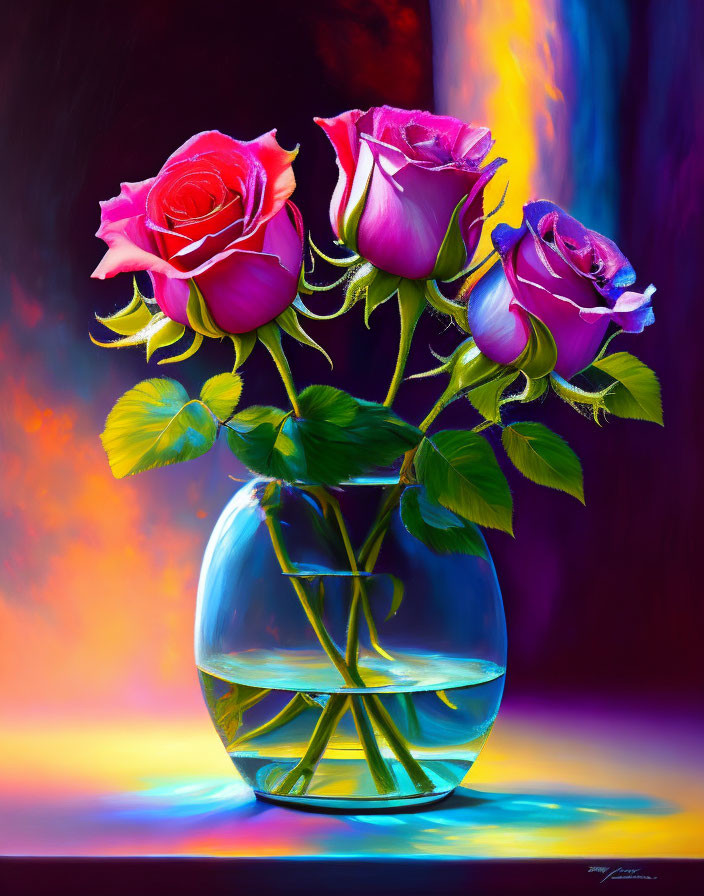 Vibrant pink and purple roses in glass vase on colorful background