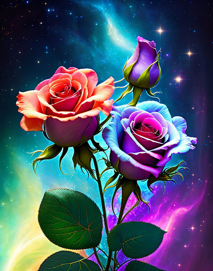 Colorful roses on cosmic background with stars and nebulas